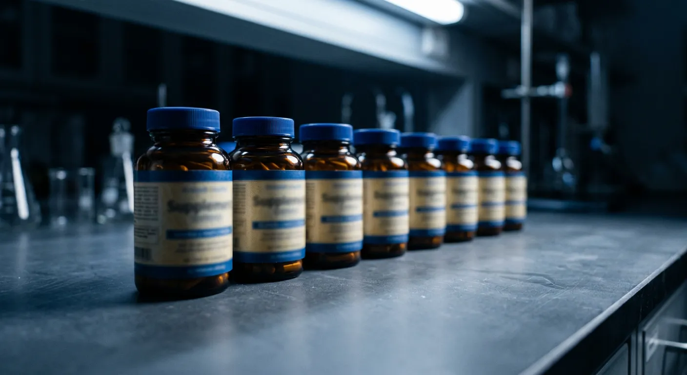 Row of amber supplement bottles on a clinical dark background