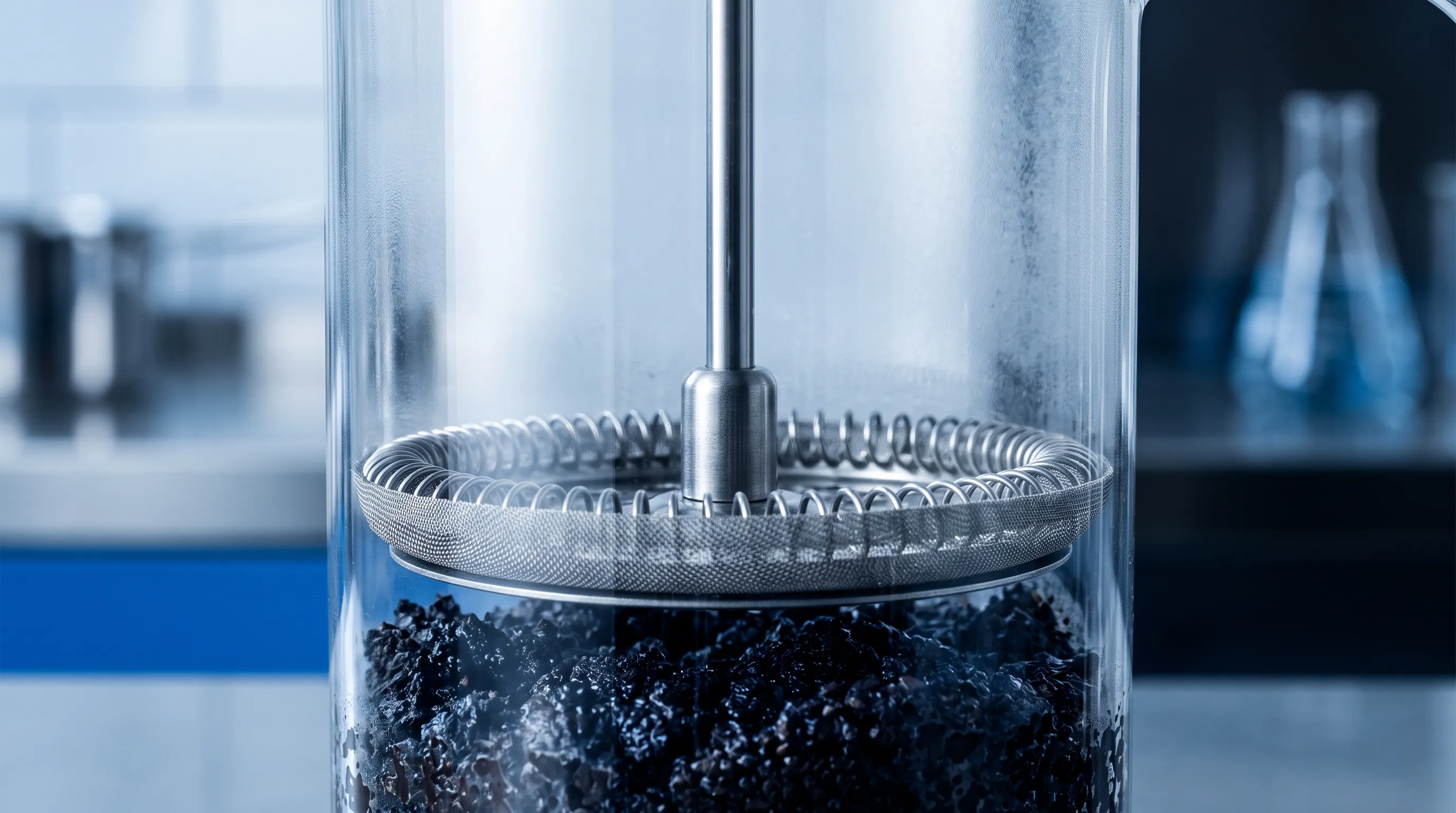 Glass french press coffee maker beside a white ceramic cup in morning light